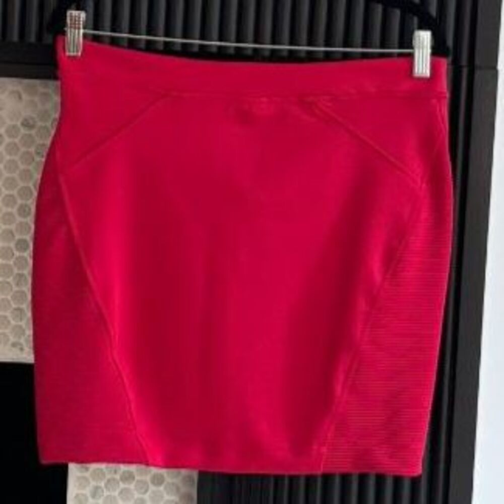 French Connection Red Ribbed Bodycon Mini Skirt Blockette Moto Size 10